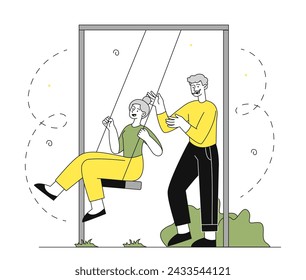 Old people carefree linear. Elderly man and woman near swings. Pensioners rest outdoor togethher. Love and romantic activity. Doodle flat vector illustration isolated on white background