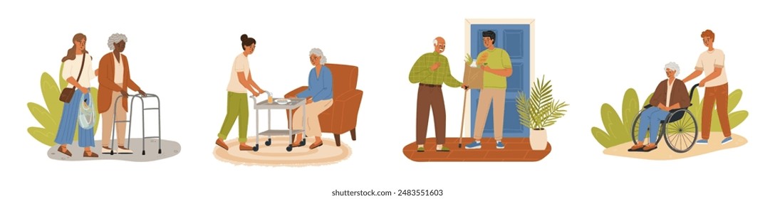 Old people and caregivers cartoon characters isolated scene set