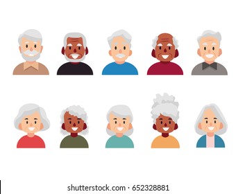 Old People Cartoon Avatars Set. Isolated Vector Illustration Of Diverse Senior Characters