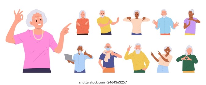 Old people cartoon character gesturing and expressing positive and negative emotion isolated set