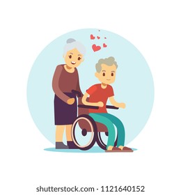 Old people cartoon vector characters set. Senior couple in love flat design icon isolate on white illustration
