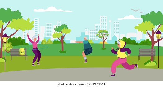Old people character together outdoor workout nation city park, elderly sport physical education flat vector illustration, urbanscape view.