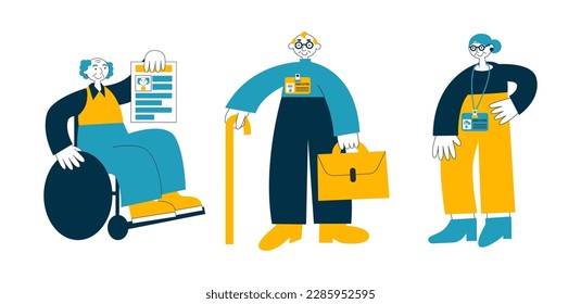 Old people characters. Active seniors and unretirement concept. Elderly person man and woman with employee badge and CV. Disabled and aged lifestyle.