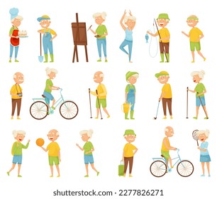 Old People Characters Doing Different Activities on Retirement Big Vector Set