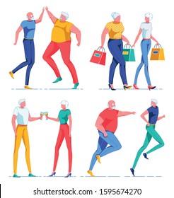 Old People Characters Spending Leisure Time Together Flat Cartoon Vector Illustration. Senior Men Giving Five, Elderly Women Go Shopping with Bags. Couple Drinking Alkohol. Two Men Running.