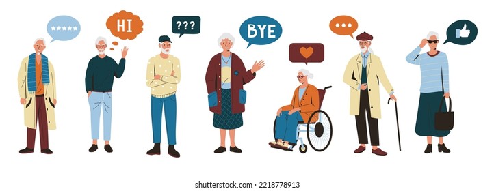 Old people with chat bubble. Cartoon senior male female characters with mobile phone browsing internet, grandfather grandmother with gadgets. Vector isolated set. Grandparents with chat boxes, likes