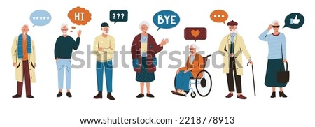 Old people with chat bubble. Cartoon senior male female characters with mobile phone browsing internet, grandfather grandmother with gadgets. Vector isolated set. Grandparents with chat boxes, likes