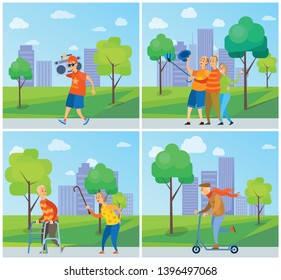 Old people in city vector, person wearing modern clothing listening to music, seniors taking selfie with help of wooden stick, granny yelling at grandpa