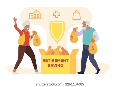 Old people collecting retirement savings. Elderly couple puts money bags in box. Pension fund. Banking deposit. Pensioners cash investment. Senior man and woman wealth