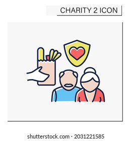 Old people color icon. Senior citizens charities. Help and support for seniors. Money, food and services. Care and support.Charity concept. Isolated vector illustration. Editable stroke