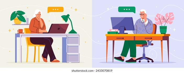 Old people communicate online concept. Elderly man and woman sitting near computer monitor. Pensioners with video call or conference. Distant and remote communication. Cartoon flat vector illustration