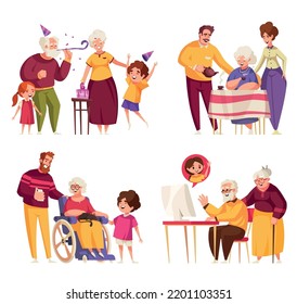 Old People Compositions Set With Older And Younger Members Of The Family Isolated Vector Illustration