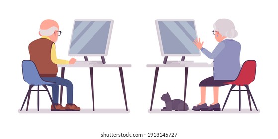 Old People With Computer, Elderly Man, Woman Pc Working. Senior Citizens, Retired Grandparents, Old-age Pensioners With Disabilities. Vector Flat Style Cartoon Illustration Isolated, White Background