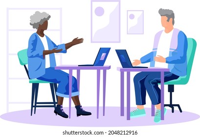 Old people with computer, elderly man, woman pc working with technology. Senior citizens, retired grandparents, old-age pensioners with disabilities. Grandmother teaching grandfather how to use laptop