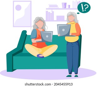 Old people with computer, elderly woman working with technology and modern gadget tablet pc. Senior citizens, retired grandparents, old-age pensioners. Grandmother teaching friend how to use laptop