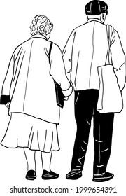 Old People couple hold hand walking together Hand drawn Line art Illustration