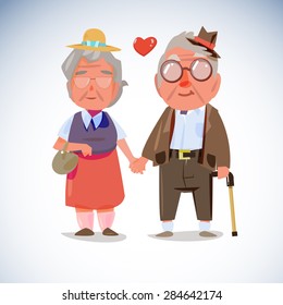 Old People Couple Hold Hand Together - Vector Illustration