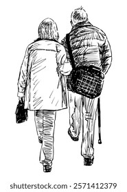 Old people couple sketch, realistic hand drawing of seniors pair walking outdoors,  back view, vector illustration isolated on white