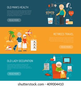 Old People Daily Life And Health Issues 3 Flat Horizontal Banners Webpage Design Abstract Isolated Vector Illustration