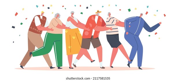 Old People Dance Conga Stand in Line with Confetti Falling Down. Active Elderly Men and Women Grandfather and Grandmothers Characters, Party, Leisure Concept. Cartoon People Vector Illustration