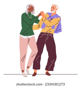 Old people dance at disco. Grandmother and grandfather entertainment. Happy elderly couple man and woman holding hands demonstrate dance movement isolated on white. Retirement activities concept
