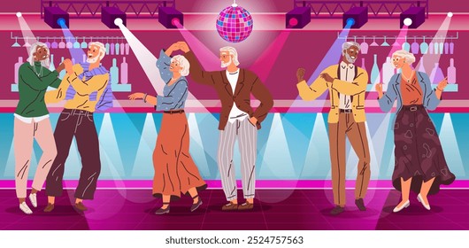 Old people dance at disco party. Grandmother and grandfather entertainment. Happy elderly couple man and woman holding hands demonstrate dance movement on discotheque. Retirement activities concept