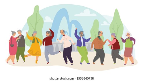 Old people dance flat vector illustration. Elderly men and women actively spend time. Grandfather and grandmothers leisure concept, pensioners disco in the park. Senior people have fun in nursing home