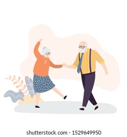 Old people dance. Grandmother and grandfather entertainment. Happy active elderly couple. Retirement activities concept. Trendy style vector illustration