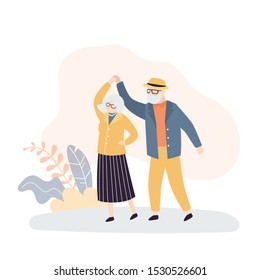 Old people dance. Grandmother and grandfather entertainment. Happy active elderly couple. Retirement activities concept. Trendy style vector illustration