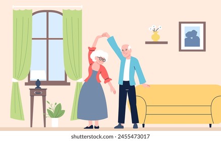 Viejos bailando. Pareja de ancianos se divierten y bailan en casa. Estilo de vida activo de personas mayores, amor y romántico. Pasar tiempo en familia, escena reciente del Vector