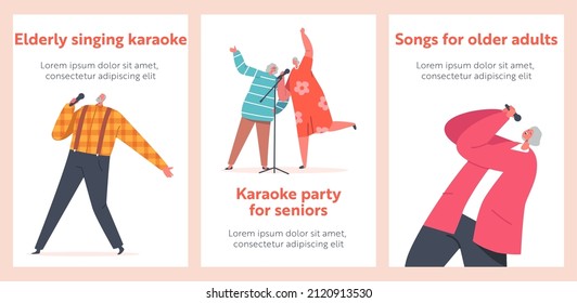 Old People Dancing and Singing in Karaoke Club Cartoon Banners. Senior Male and Female Characters Sing with Microphones Performing on Stage. Creative Hobby, Vocal Recreation. Vector Posters