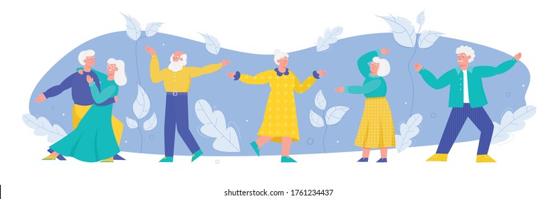 Old People Dancing Together - Active Elderly Dancer Group And Senior Couple Having Fun In Dance Class. Retired Community Music Party - Vector Illustration.