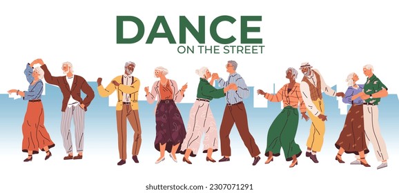 Old people dancing. Vector illustration. Man and woman hold hands and demonstrate dance moves. Grandma and grandpa at the dance. Retired senior couple dancing together. Aged people having fun