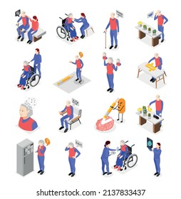 Old people with dementia symptoms isometric set with human characters of senior patients and medical staff 3d isolated vector illustration