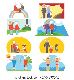 Old people in different activities situations collection. Old Grandparents couples together