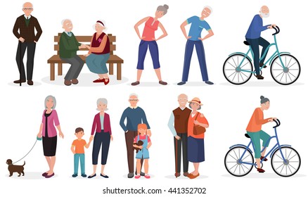 Old people in different activities situations collection. Old Grandparents couples together.