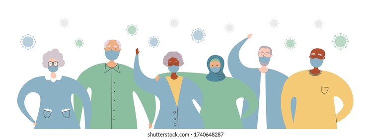 Old people of different races stand together against Coronavirus. Protect senior adults from Covid-19 infection. Elderly people in face masks and Corona virus cells around. Healthcare for oldies.