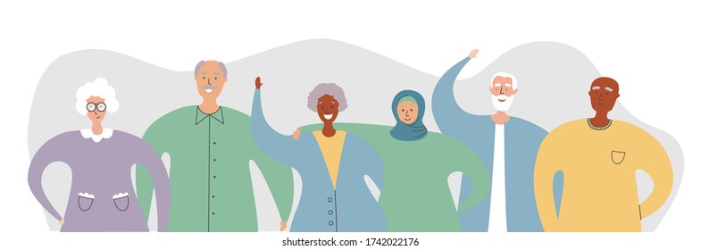 Old people of different races stand together. Group of senior adults of various nations. Horizontal vector illustration on international friendship of elderly people. Modern flat cartoon characters.