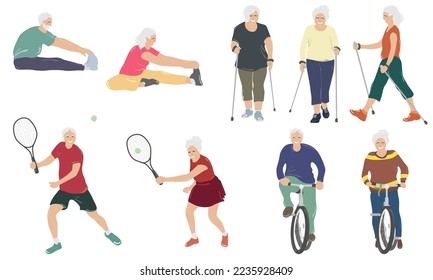 Los ancianos practican tenis, yoga, marcha nórdica y ciclismo. Útil recreación activa al aire libre, ilustración vectorial plana sobre fondo blanco.