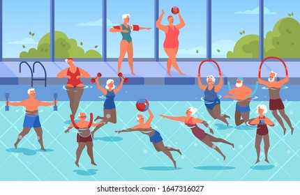 Old people doing exercise with ball and dumbbell in swimming pool. Elderly character have an active lifestyle. Senior in water. Isolated flat illustration