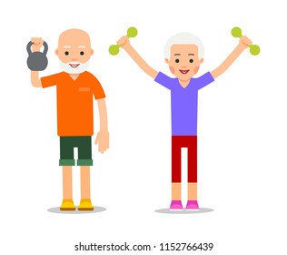 Old people doing exercises with dumbells and kettlebell. Pensioners and gymnastics with weights. Senior people making morning exercises. Grandparents and Sport. Cartoon illustration isolated