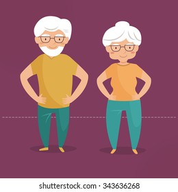 Old people doing exercises. Grandparents. Sport. Vector isolated illustration. Cartoon character. 