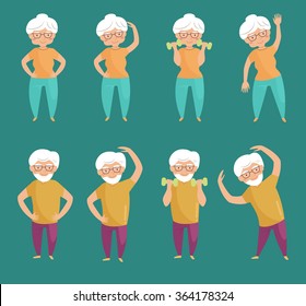 Old People Doing Exercises. Grandparents. Sport. Vector Isolated Illustration. Cartoon Character. 