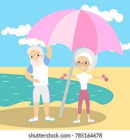Old people doing exercises on the beach.