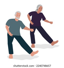 Personas mayores haciendo ejercicios de tai chi o Qigong. Personas mayores o mayores estirando, haciendo yoga o pilates en la ilustración vectorial plana del parque. Fitness, wellness, deportes, salud