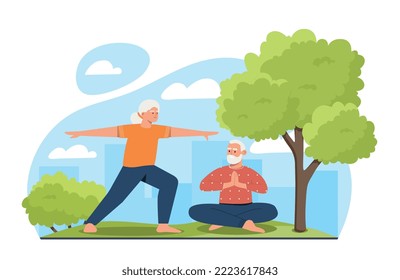 Viejos haciendo yoga. Abuelos en el parque al lado de un árbol. Estilo de vida activo y deporte, cita romántica. Ejercicio de concentración y atención, equilibrio interno. Dibujo vectorial plano de dibujos animados