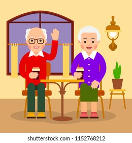 Old people drinking coffee in cafe. Aged man and woman sitting and holding coffee cups. Old couple having breakfast. Cartoon illustration isolated on white background in flat style.

