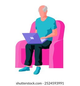 Old people. An elderly man seated in a bright pink chair, focusing on a laptop on his lap. Ideal for themes of aging, technology use, lifelong learning, independent living, and digital literacy