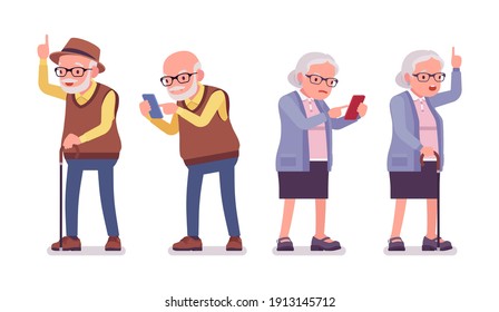 Old people, elderly man, woman with cane, mobile phone. Senior citizens, retired grandparents, old-age pensioners with disabilities. Vector flat style cartoon illustration isolated on white background