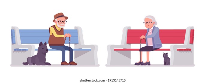 Old People, Elderly Man, Woman Sitting On Bench. Senior Citizens, Retired Grandparents, Old-age Pensioners With Disabilities. Vector Flat Style Cartoon Illustration Isolated On White Background